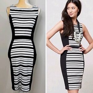 Weston Wear Anthropologie Black White Spliced Striped Lace Bodycon Midi Dress XS